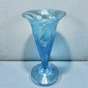 Hand Blown Blue Trumpet Art Glass Vase Vessel With Air Bubbles Glass Bud Vase